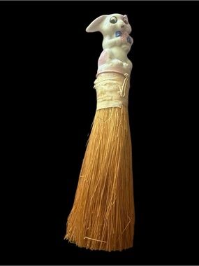 1920 Victorian Crumb or Hat Natural Bristle Brush with Porcelain Bunny. Japan